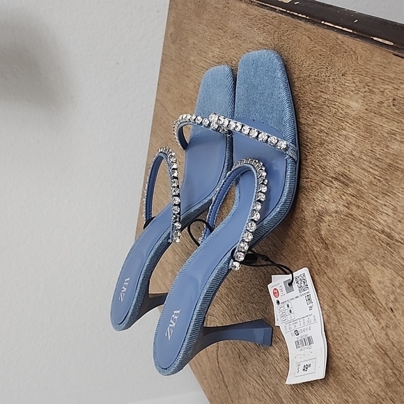 Zara Rhinestone Heeled Denim Sandals size 37 - Picture 2 of 9